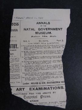 Ad for the Annals of the Natal Government Museum, Nature
