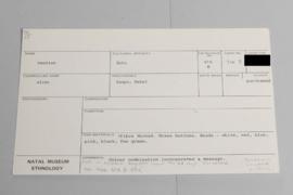 KZNM catalogue card (front view)